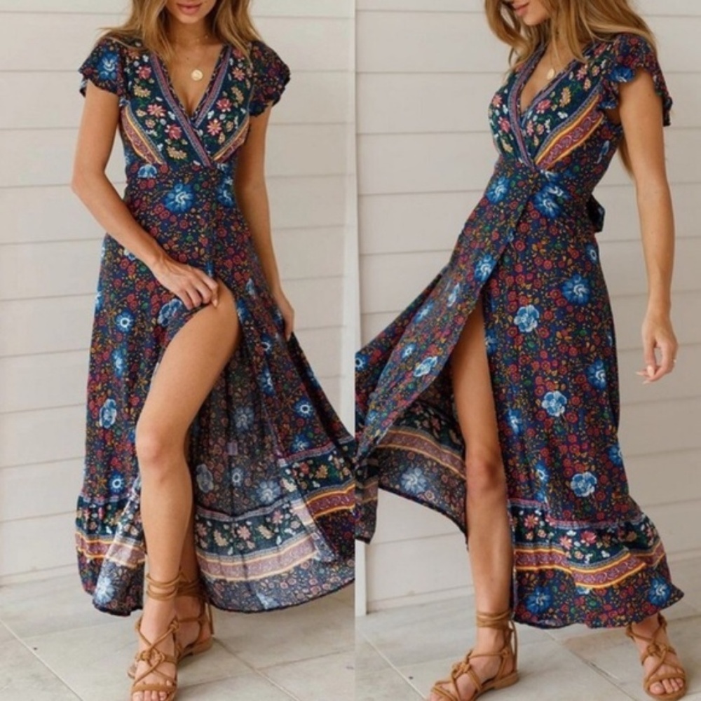 Boho Floral Wrap Maxi Dress